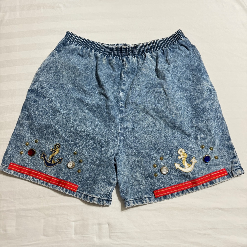 Gepetto Vtg USA 80s Acid Wash Denim Nautical Anchor Rhinestone Shorts Blue S/M